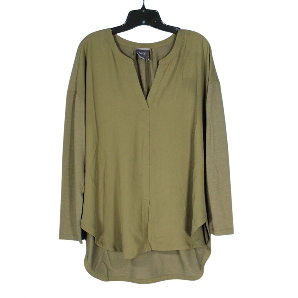 LYSSE Olive Green CHIFFON FRONT Knit Back HI-LOW Front Slit BLOUSE/TUNIC Sz L